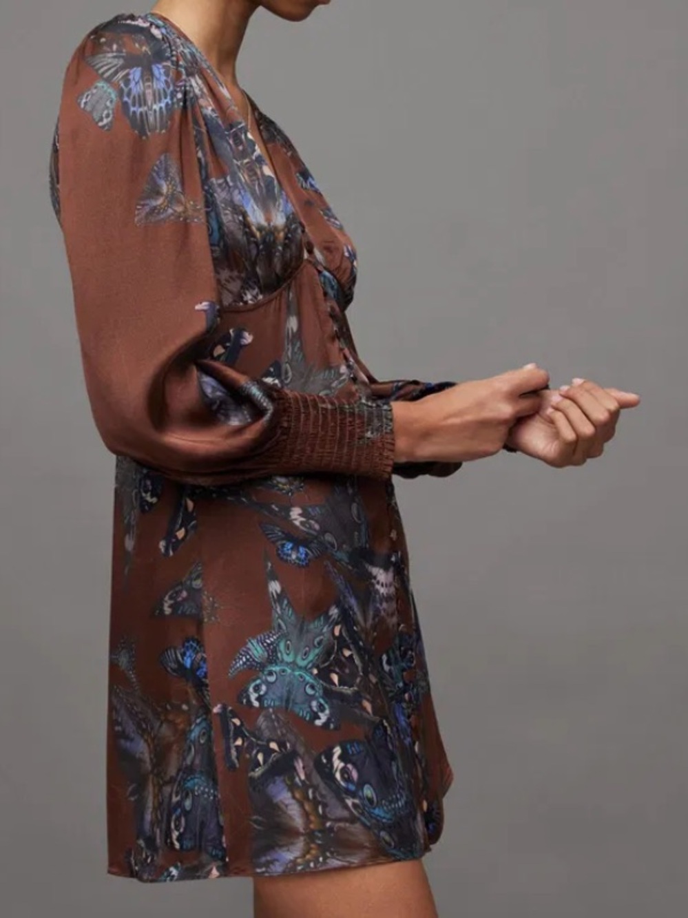 AllSaints Auden Diana Butterfly Mini Dress Brown Blue US 4 - Picture 1 of 9